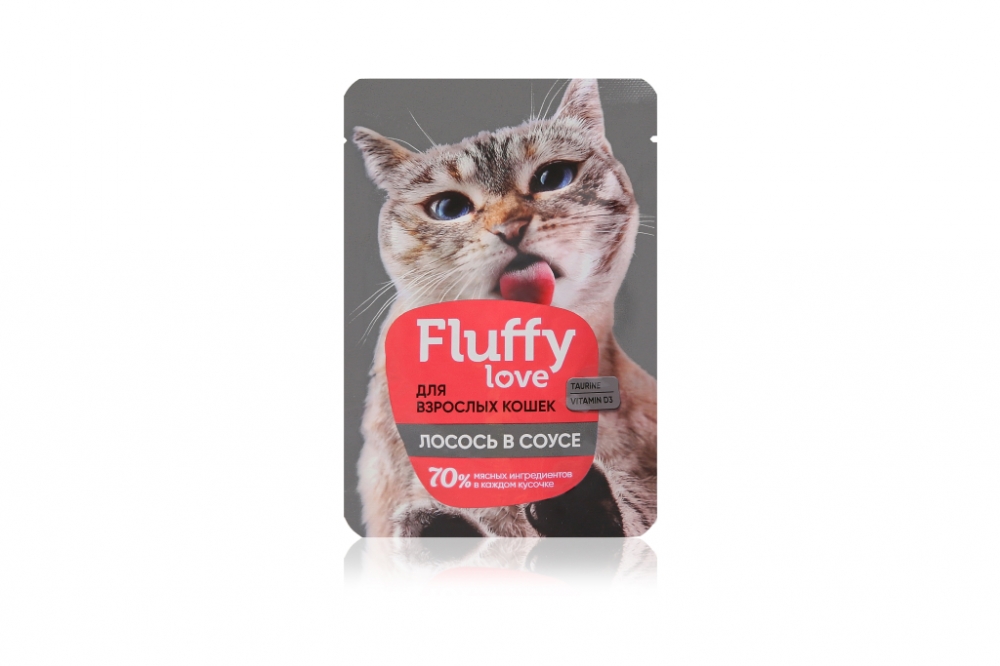 Fluffy Love влажный корм для кошек. Кусочки с лососем в соусе, 85 г
